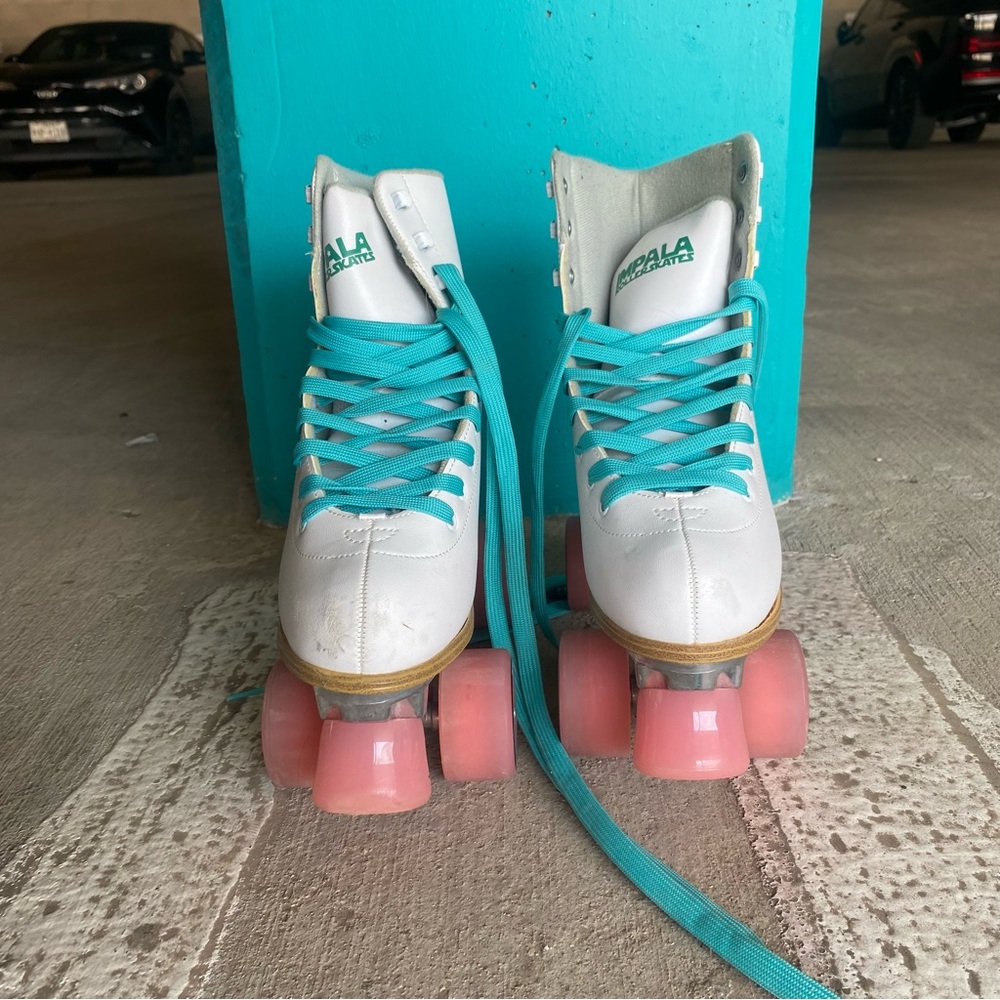 White and Pink Impala Roller Skates with Teal Laces